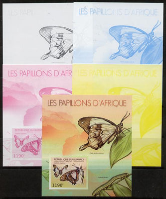 Burundi 2012 Butterflies #2 deluxe sheet - the set of 5 imperf progressive proofs comprising the 4 individual colours plus all 4-colour composite, unmounted mint