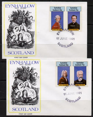 Eynhallow 1981 Composers (Mozart, Strauss, Bach & Tchaikovski) perf set of 4 on two illustrated covers with first day cancels