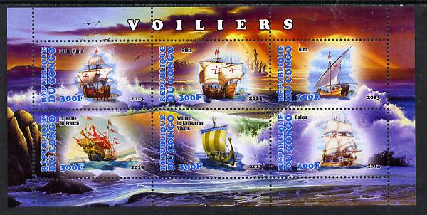 Congo 2013 Sailing Ships #2 perf sheetlet containing six values unmounted mint