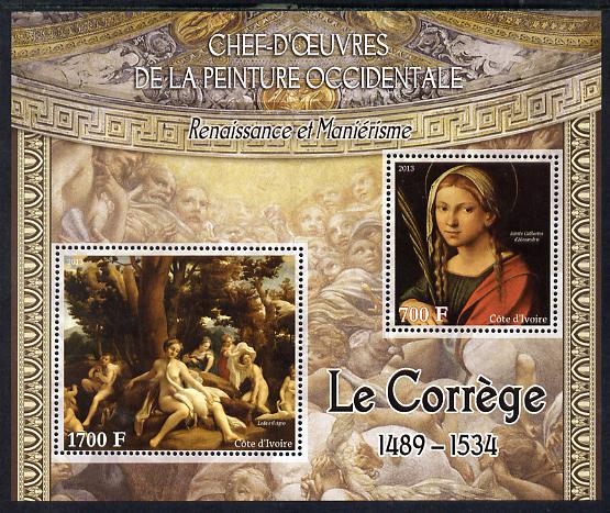 Ivory Coast 2013 Art Masterpieces from the Western World - Renaissance & Mannerism - Correggio perf sheetlet containing 2 values unmounted mint