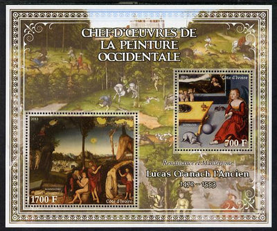 Ivory Coast 2013 Art Masterpieces from the Western World - Renaissance & Mannerism - Lucas Cranach (Cranach the Elder) perf sheetlet containing 2 values unmounted mint