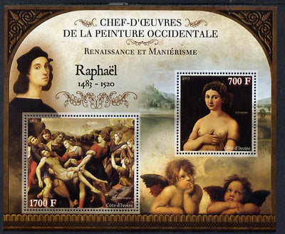Ivory Coast 2013 Art Masterpieces from the Western World - Renaissance & Mannerism - Raphael perf sheetlet containing 2 values unmounted mint