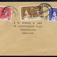 Swaziland 1937 KG6 Coronation set of 3 on plain cover with first day cancel addressed to the forger, J D Harris.,Harris was imprisoned for 9 months after Robson Lowe exposed him for applying forged first day cancels to Coronation ……Details Below