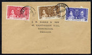 Swaziland 1937 KG6 Coronation set of 3 on plain cover with first day cancel addressed to the forger, J D Harris.,Harris was imprisoned for 9 months after Robson Lowe exposed him for applying forged first day cancels to Coronation ……Details Below