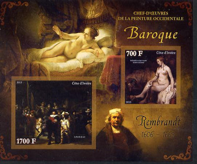 Ivory Coast 2013 Art Masterpieces from the Western World - Baroque Period - Rembrandt imperf sheetlet containing 2 values unmounted mint