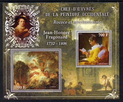 Ivory Coast 2013 Art Masterpieces from the Western World - Rococo & Neoclassicism - Jean-Honore Fragonard perf sheetlet containing 2 values unmounted mint