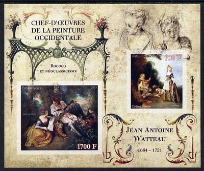 Ivory Coast 2013 Art Masterpieces from the Western World - Rococo & Neoclassicism - Jean-Antoine Watteau imperf sheetlet containing 2 values unmounted mint
