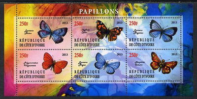 Ivory Coast 2013 Butterflies #5 perf sheetlet containing 6 values unmounted mint