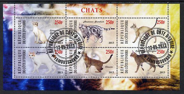 Ivory Coast 2013 Domestic Cats #3 perf sheetlet containing 6 values fine cto used