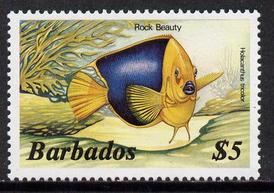 Barbados 1986 Rock Beauty $5 (from Marine Life def set) without imprint date, SG 808A