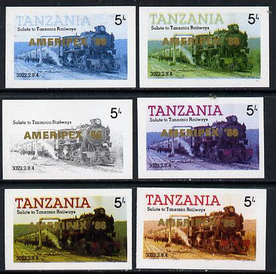 Tanzania 1986 Locomotive 3022 5s value (SG 430) unmounted mint imperf set of 6 progressive colour proofs each with 'Ameripex '86' opt in gold*
