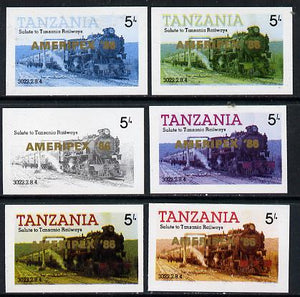 Tanzania 1986 Locomotive 3022 5s value (SG 430) unmounted mint imperf set of 6 progressive colour proofs each with 'Ameripex '86' opt in gold*