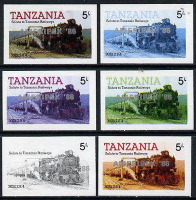 Tanzania 1986 Locomotive 3022 5s value (SG 430) unmounted mint imperf set of 6 progressive colour proofs each with 'Ameripex '86' opt in silver*