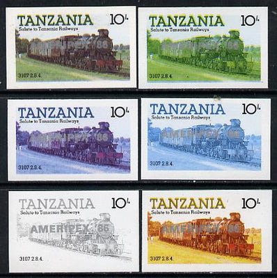 Tanzania 1986 Locomotive 3107 10s value (SG 431) unmounted mint imperf set of 6 progressive colour proofs each with 'Ameripex '86' opt in silver*
