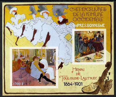 Ivory Coast 2013 Art Masterpieces from the Western World - Impressionism - Henri Toulouse-Lautrec imperf sheetlet containing 2 values unmounted mint