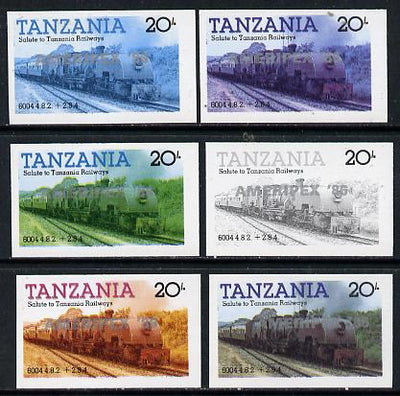 Tanzania 1986 Locomotive 6004 20s value (SG 432) unmounted mint imperf set of 6 progressive colour proofs each with 'Ameripex '86' opt in silver*