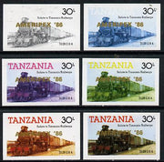 Tanzania 1986 Locomotive 3129 30s value (SG 433) unmounted mint imperf set of 6 progressive colour proofs each with 'Ameripex '86' opt in gold*