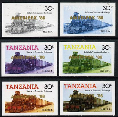 Tanzania 1986 Locomotive 3129 30s value (SG 433) unmounted mint imperf set of 6 progressive colour proofs each with 'Ameripex '86' opt in gold*