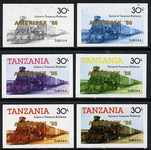 Tanzania 1986 Locomotive 3129 30s value (SG 433) unmounted mint imperf set of 6 progressive colour proofs each with 'Ameripex '86' opt in gold*
