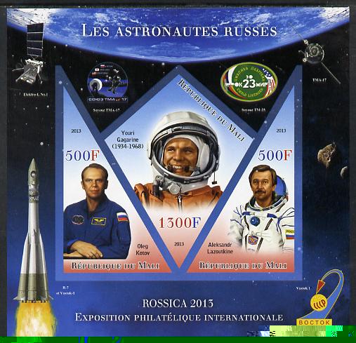 Mali 2013 Rossica Stamp Exhibition - Russian Astronauts #03 imperf sheetlet containing 3 values (2 triangulars & one diamond shaped) unmounted mint