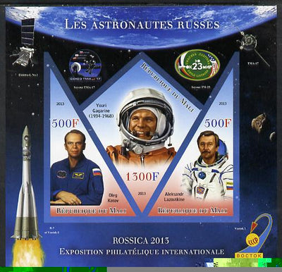 Mali 2013 Rossica Stamp Exhibition - Russian Astronauts #03 imperf sheetlet containing 3 values (2 triangulars & one diamond shaped) unmounted mint