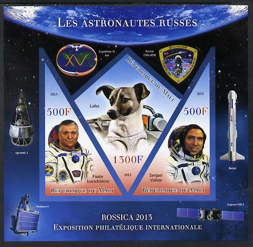 Mali 2013 Rossica Stamp Exhibition - Russian Astronauts #06 imperf sheetlet containing 3 values (2 triangulars & one diamond shaped) unmounted mint