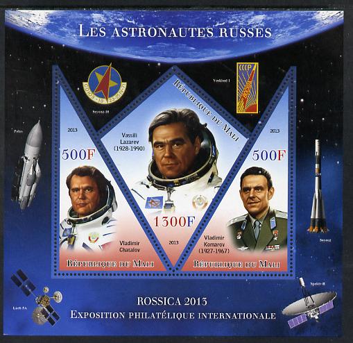Mali 2013 Rossica Stamp Exhibition - Russian Astronauts #08 perf sheetlet containing 3 values (2 triangulars & one diamond shaped) unmounted mint