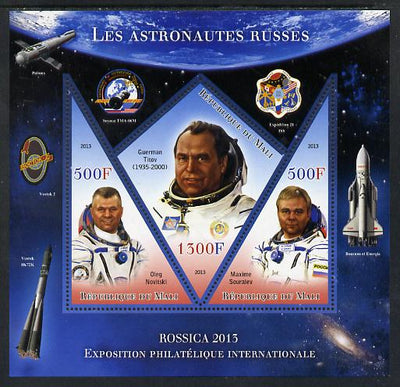 Mali 2013 Rossica Stamp Exhibition - Russian Astronauts #12 perf sheetlet containing 3 values (2 triangulars & one diamond shaped) unmounted mint