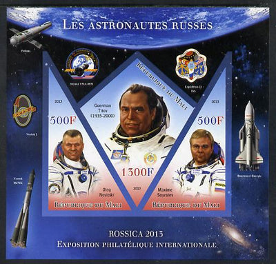 Mali 2013 Rossica Stamp Exhibition - Russian Astronauts #12 imperf sheetlet containing 3 values (2 triangulars & one diamond shaped) unmounted mint