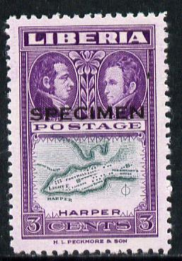 Liberia 1952 Ashmun 3c Map of Harper perf proof in issued colours opt'd Specimen unmounted mint (as SG 717)