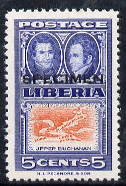 Liberia 1952 Ashmun 5c Map of Upper Buchanan perf proof in issued colours opt'd Specimen unmounted mint (as SG 719)