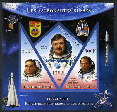 Mali 2013 Rossica Stamp Exhibition - Russian Astronauts #30 imperf sheetlet containing 3 values (2 triangulars & one diamond shaped) unmounted mint
