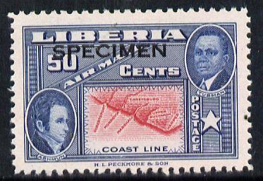 Liberia 1952 Ashmun 50c Map of Coastline perf proof in issued colours opt'd Specimen unmounted mint (as SG 722)