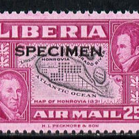 Liberia 1952 Ashmun 25c Map of Monrovia perf proof in issued colours opt'd Specimen unmounted mint (as SG 721)