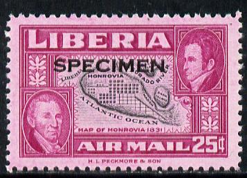 Liberia 1952 Ashmun 25c Map of Monrovia perf proof in issued colours opt'd Specimen unmounted mint (as SG 721)