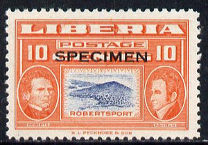 Liberia 1952 Ashmun 10c Robertsport perf proof in issued colours opt'd Specimen unmounted mint (as SG 720)