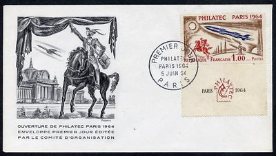 France 1964 Philatec 1964 1f plus label on unaddressed illustrated cover with first day cancel