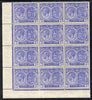 St Kitts-Nevis 1921-29 KG5 Script CA Medicinal Spring 3d ultramarine SW corner block of 12 without plate number incl R9-3 Damaged 'd' in value unmounted mint SG 45