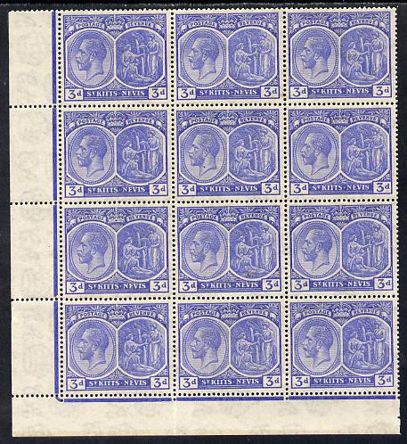 St Kitts-Nevis 1921-29 KG5 Script CA Medicinal Spring 3d ultramarine SW corner block of 12 without plate number incl R9-3 Damaged 'd' in value unmounted mint SG 45