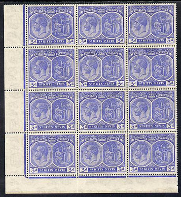 St Kitts-Nevis 1921-29 KG5 Script CA Medicinal Spring 3d ultramarine SW corner block of 12 without plate number incl R9-3 Damaged 'd' in value unmounted mint SG 45