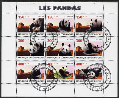 Ivory Coast 2009 Pandas perf sheetlet containing 9 values fine cto used