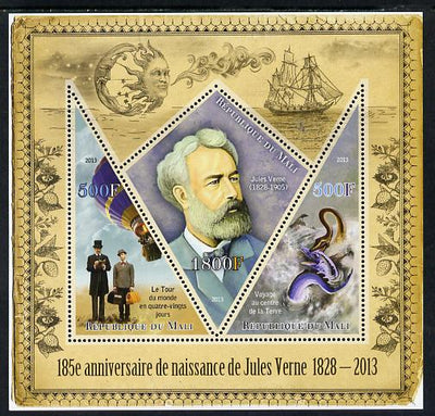 Mali 2013 185th Birth Anniversary of Jules Verne perf sheetlet containing 2 triangular & one diamond shaped values unmounted mint