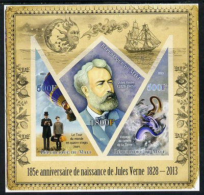 Mali 2013 185th Birth Anniversary of Jules Verne imperf sheetlet containing 2 triangular & one diamond shaped values unmounted mint