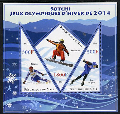 Mali 2013 Sotchi Winter Olympics perf sheetlet containing 2 triangular & one diamond shaped values unmounted mint
