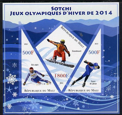 Mali 2013 Sotchi Winter Olympics imperf sheetlet containing 2 triangular & one diamond shaped values unmounted mint