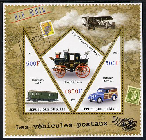 Mali 2013 Postal Vehicles perf sheetlet containing 2 triangular & one diamond shaped values unmounted mint