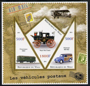 Mali 2013 Postal Vehicles perf sheetlet containing 2 triangular & one diamond shaped values unmounted mint