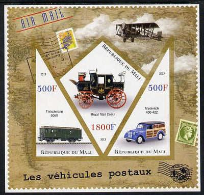 Mali 2013 Postal Vehicles imperf sheetlet containing 2 triangular & one diamond shaped values unmounted mint