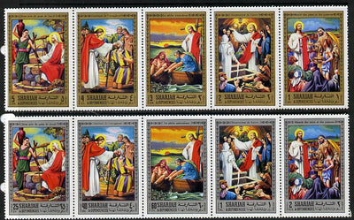 Sharjah 1971 Life of Christ #3 two strips of 5 (Mi 759-68A) unmounted mint