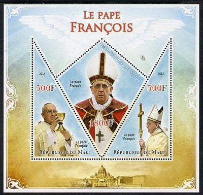 Mali 2013 French Popes perf sheetlet containing 2 triangular & one diamond shaped values unmounted mint
